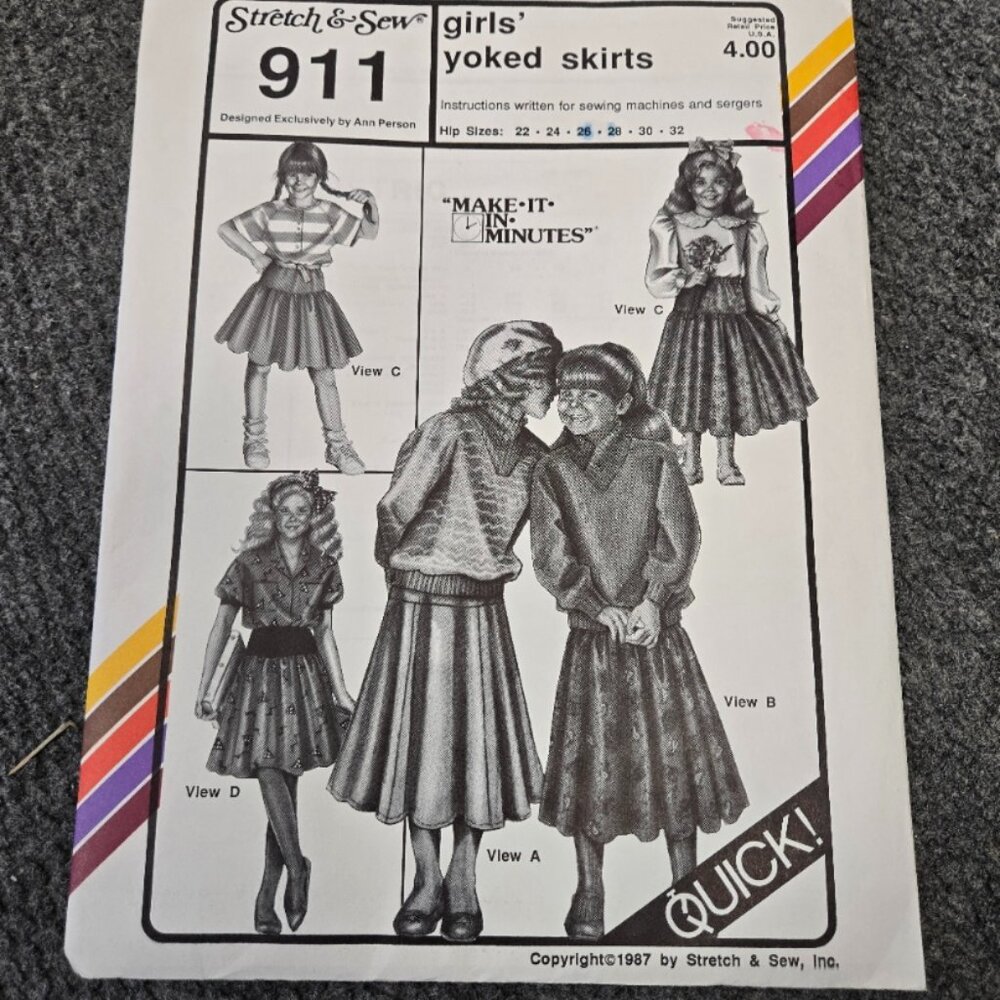 Stretch & Sew 911 Girls Yoked Skirts - Hip Size 22-32 UNCUT by Ann Person